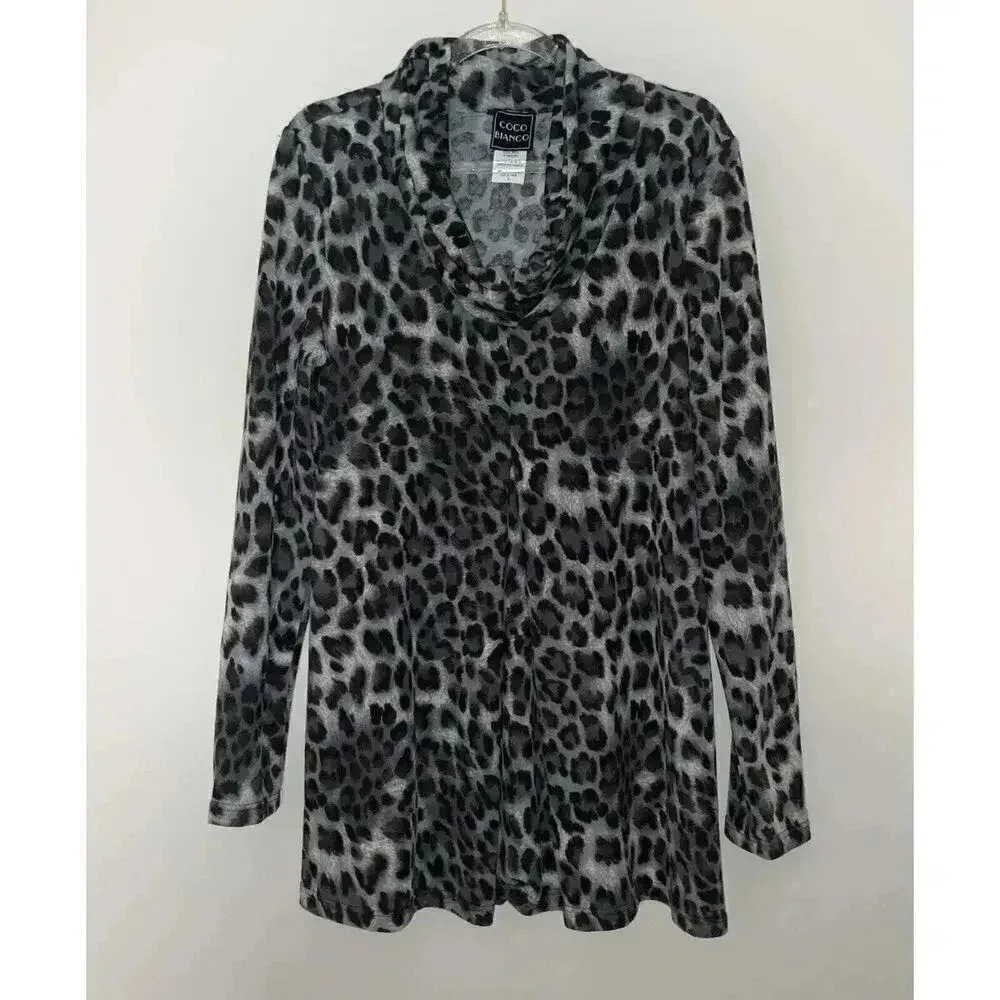 Coco Bianco Tunic Size Small Animal Print Blouse Stretch Top Cowl Neck Shirt